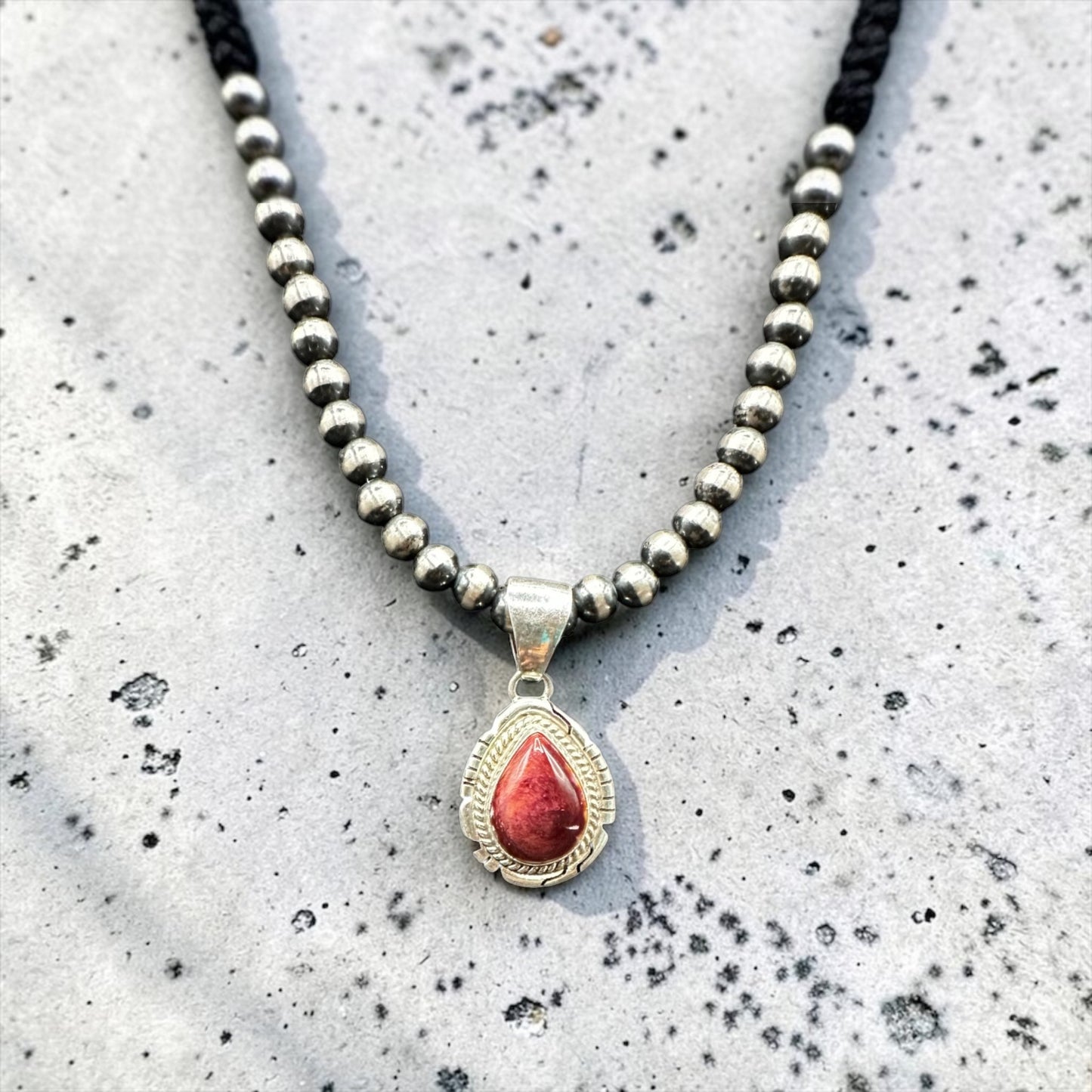 Teardrop Pear Pendant - Sterling Silver & Spiny Oyster - Handmade Artisan Collection