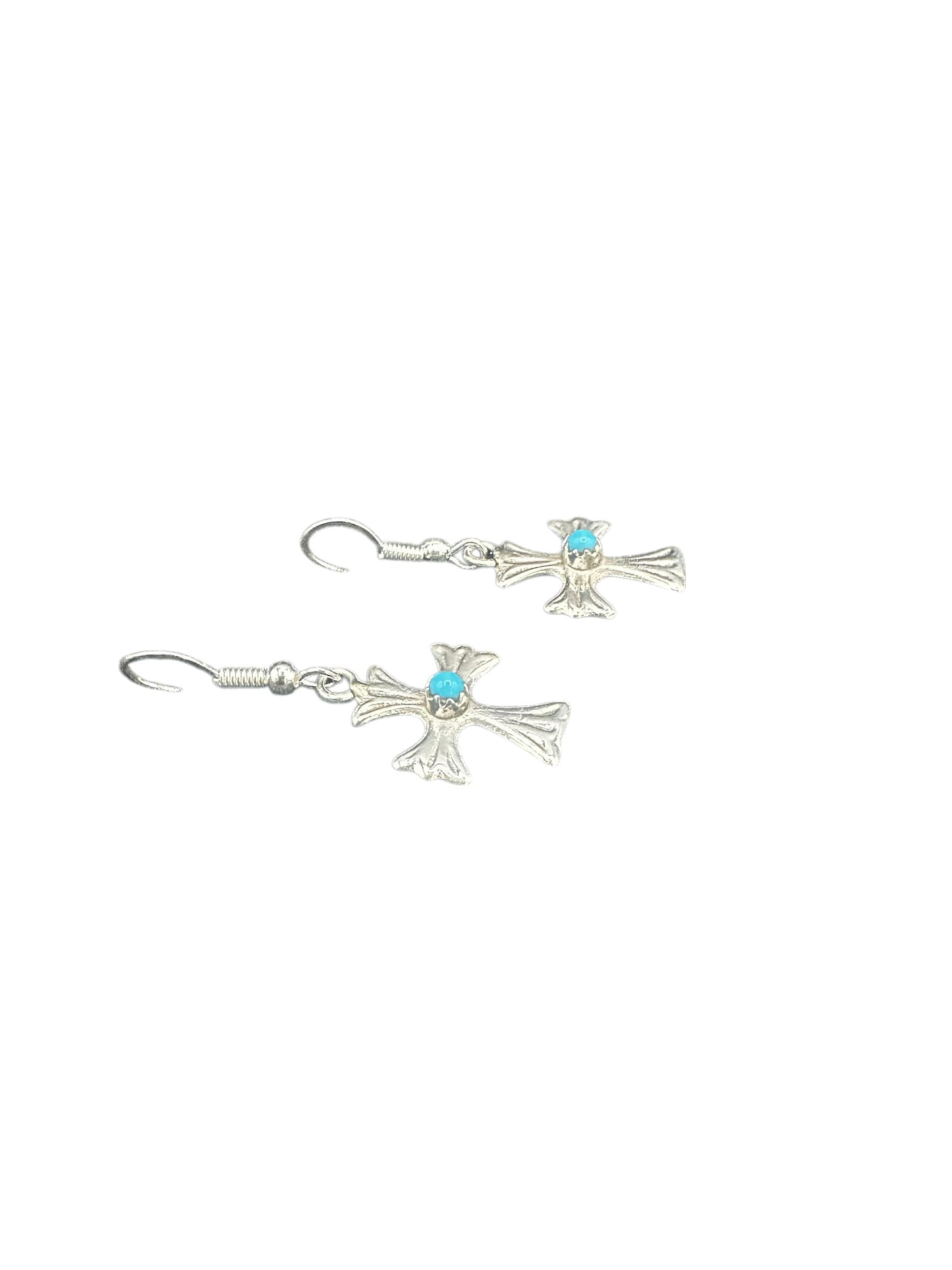 Small Cross Hook Dangle Earrings – Sterling Silver and Genuine Sleeping Beauty Turquoise -  Authentic Native American Handmade - American Sterling Silver - Made in USA