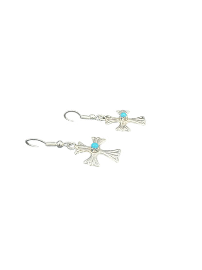 Small Cross Hook Dangle Earrings – Sterling Silver and Genuine Sleeping Beauty Turquoise -  Authentic Native American Handmade - American Sterling Silver - Made in USA