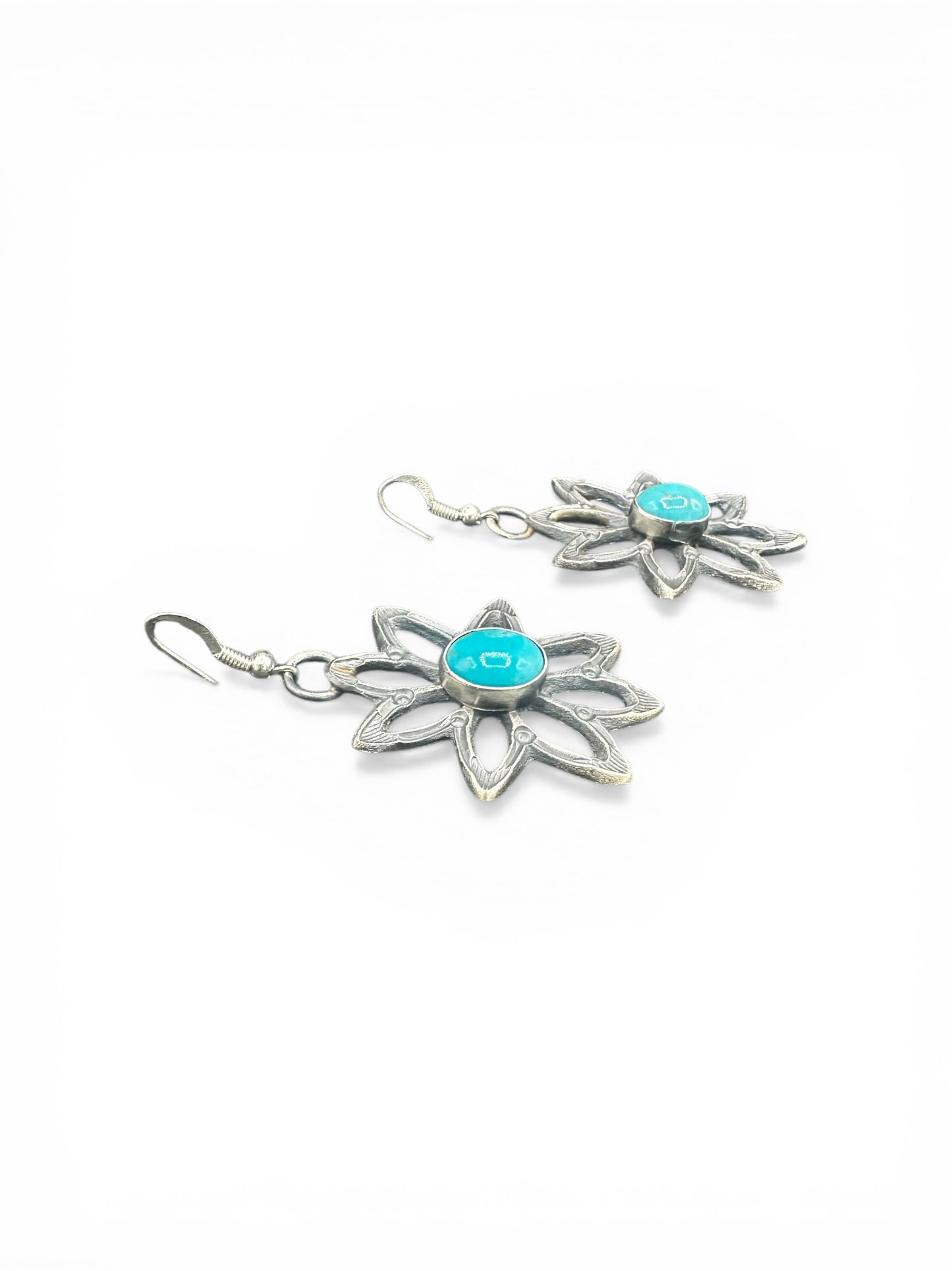 Medium Star Floral Hook Dangle Earrings – Sterling Silver and Genuine Turquoise -  Authentic Native American Handmade – Kevin Billah - Made in USA