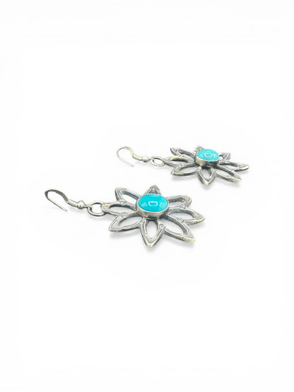Medium Star Floral Hook Dangle Earrings – Sterling Silver and Genuine Turquoise -  Authentic Native American Handmade – Kevin Billah - Made in USA
