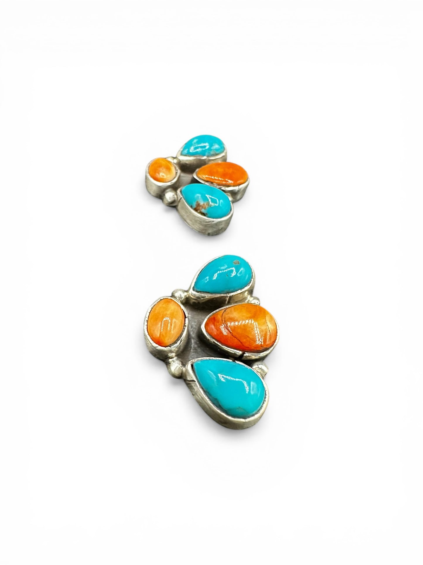 Medium Quarter Cluster Stud Earrings – Sterling Silver,  Genuine Turquoise and Spiny Oyster -  Authentic Native American Handmade – Marcella James - Made in USA