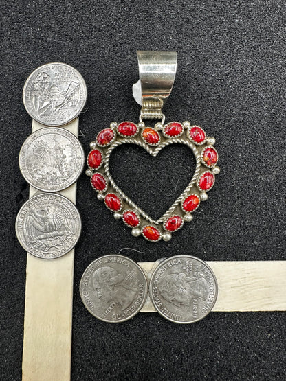 Medium Heart Pendant - Sterling Silver & Genuine Spiny Oyster - Handmade Native American - Tiffany Jones