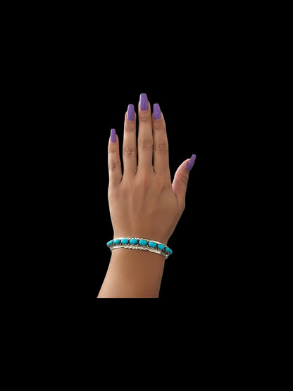 Kingman Turquoise & Sterling Silver Inlay Cuff Bracelet - Handcrafted Native American - Russell Sam [2005]