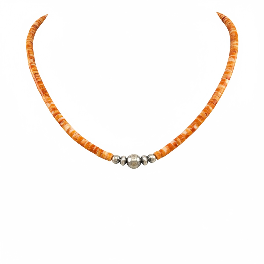 4MM Heishi Necklace – Genuine Orange Spiny Oyster with Sterling Silver Pearl - Handmade Native American | Pueblo Craft | New Mexico, USA