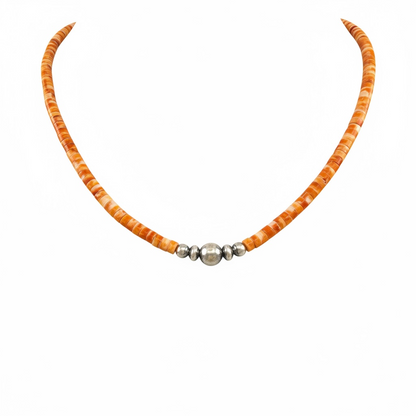 4MM Heishi Necklace – Genuine Orange Spiny Oyster with Sterling Silver Pearl - Handmade Native American | Pueblo Craft | New Mexico, USA