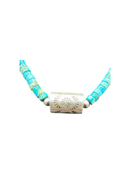 4MM Heishi Necklace – Genuine Turquoise with Sterling Silver Barrel Bead -  Handmade Native American
