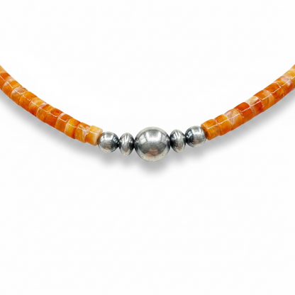 4MM Heishi Necklace – Genuine Orange Spiny Oyster with Sterling Silver Pearl - Handmade Native American | Pueblo Craft | New Mexico, USA