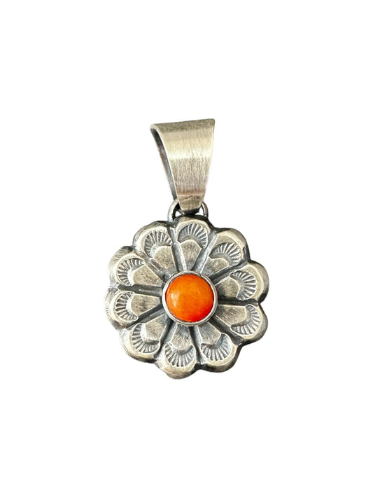 Chimney Butte Pendant - Floral Sterling Silver and Orange Spiny Oyster