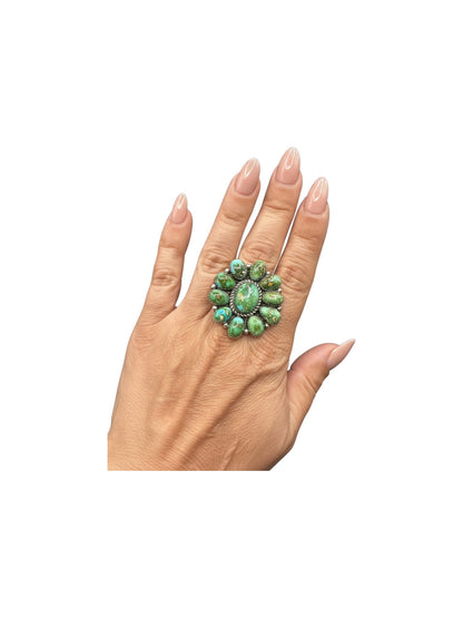 Large Multi Stone Cluster Ring  – Sterling Silver and Genuine Turquoise -  Authentic Handmade Native American – Pansy Johnson