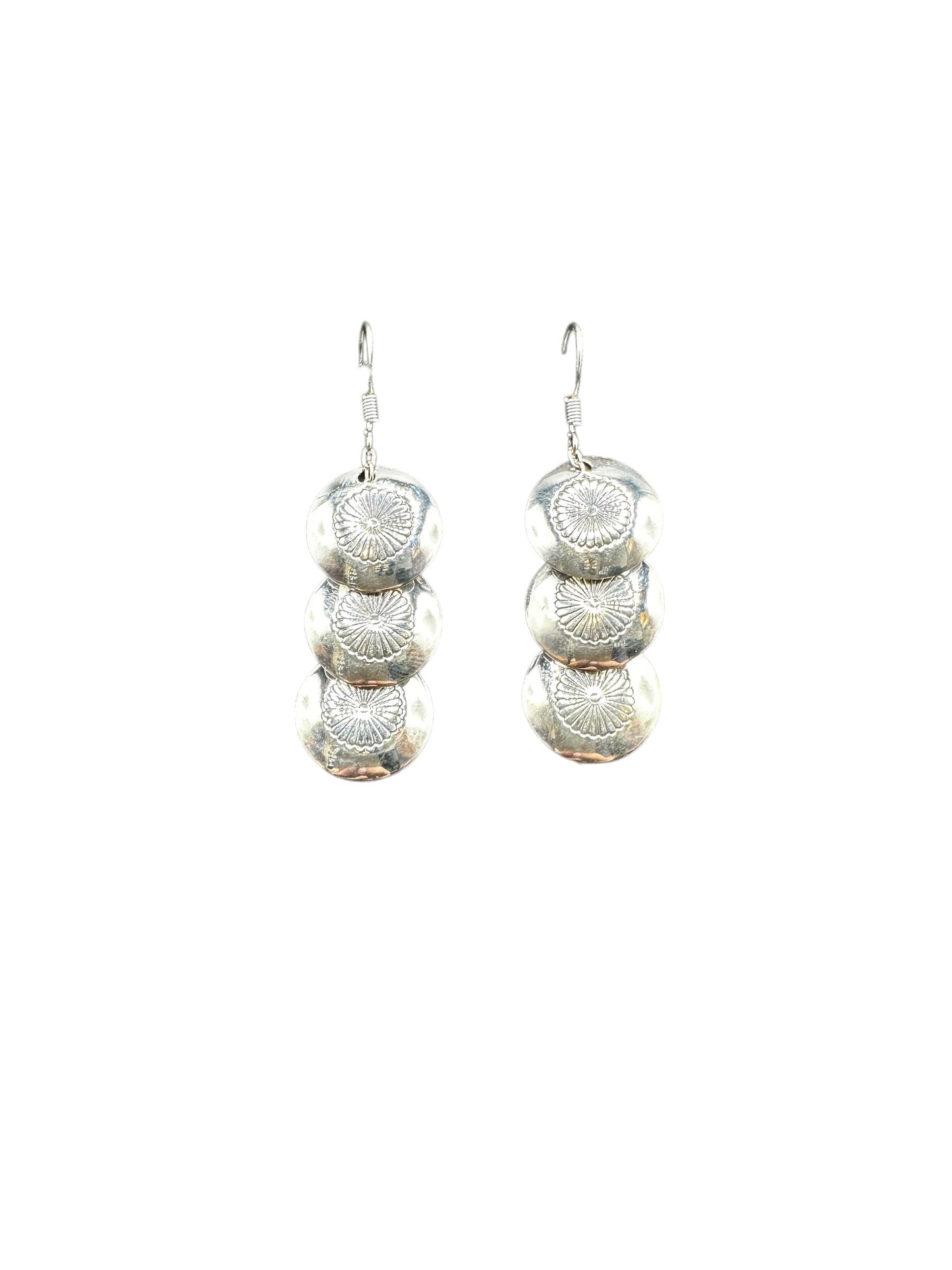 Medium Hook Dangle Earrings – Triple Disc Saucer Pearls -  Authentic Native American Handmade - American Sterling Silver - Made in USA
