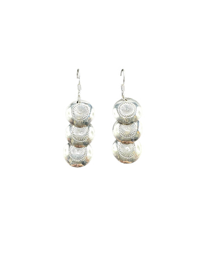 Medium Hook Dangle Earrings – Triple Disc Saucer Pearls -  Authentic Native American Handmade - American Sterling Silver - Made in USA