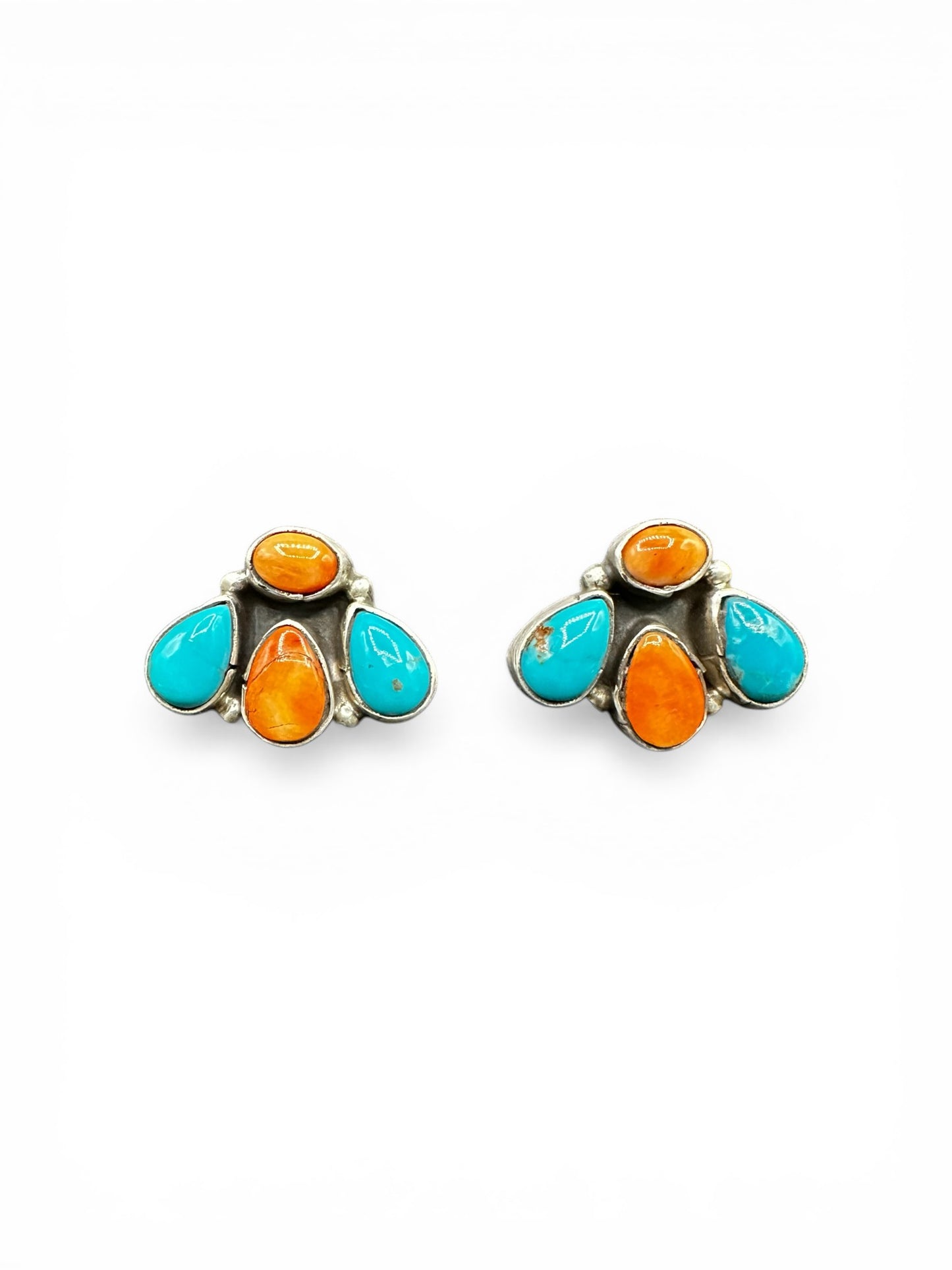 Medium Quarter Cluster Stud Earrings – Sterling Silver,  Genuine Turquoise and Spiny Oyster -  Authentic Native American Handmade – Marcella James - Made in USA