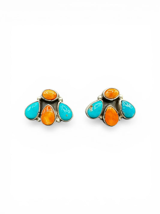 Medium Quarter Cluster Stud Earrings – Sterling Silver,  Genuine Turquoise and Spiny Oyster -  Authentic Native American Handmade – Marcella James - Made in USA