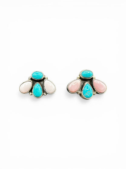 Medium Quarter Cluster Stud Earrings – Sterling Silver,  Genuine Turquoise and Queen Pink Conch -  Authentic Native American Handmade – Marcella James - Made in USA