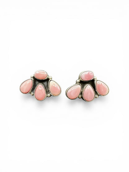 Medium Quarter Cluster Stud Earrings – Sterling Silver & Genuine Queen Pink Conch -  Authentic Native American Handmade – Marcella James - Made in USA