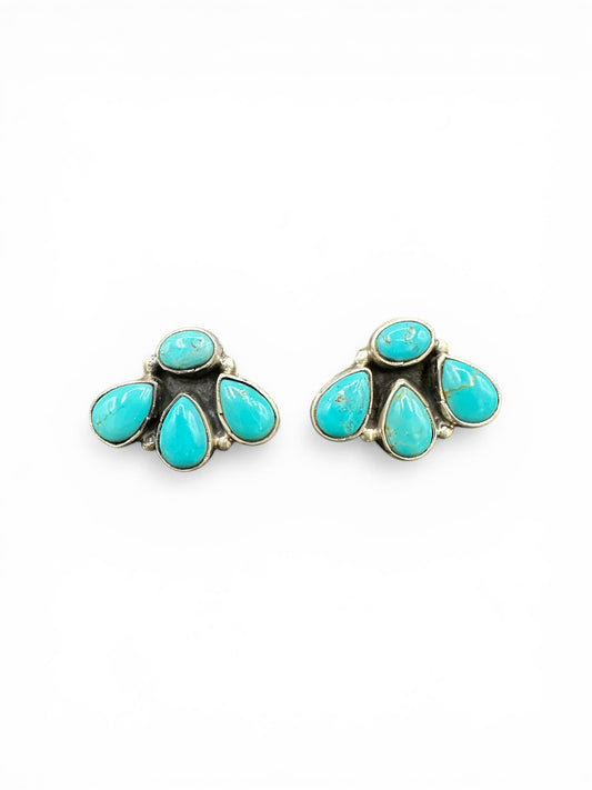 Medium Quarter Cluster Stud Earrings – Sterling Silver & Genuine Turquoise -  Authentic Native American Handmade – Marcella James - Made in USA
