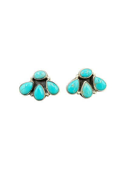 Medium Quarter Cluster Stud Earrings – Sterling Silver & Genuine Turquoise -  Authentic Native American Handmade – Marcella James - Made in USA