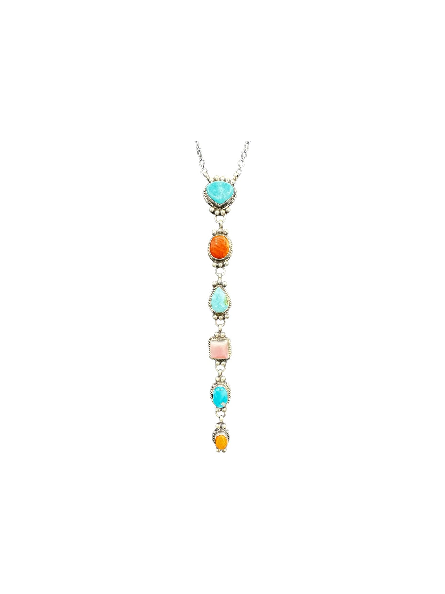 Multi Color & Stone Lariat Necklace – Sterling Silver, Turquoise, Spiny Oyster, Queen Pink Conch -  Authentic Native American Handmade – Harrison Yazzie - Made in USA