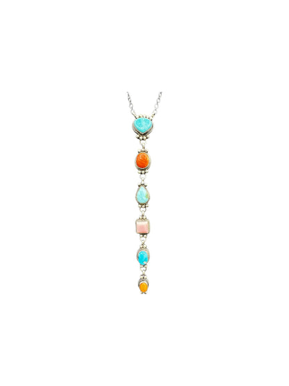 Multi Color & Stone Lariat Necklace – Sterling Silver, Turquoise, Spiny Oyster, Queen Pink Conch -  Authentic Native American Handmade – Harrison Yazzie - Made in USA