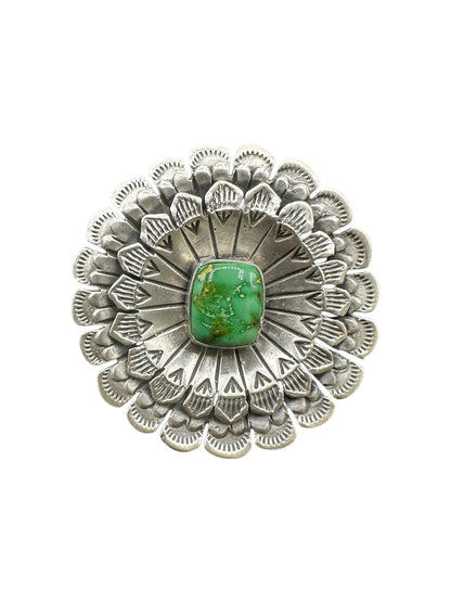 Large Round Cabochon Ring  – Multi Layer Floral Sterling Silver and Genuine Turquoise -  Authentic Handmade Native American – Leroy James