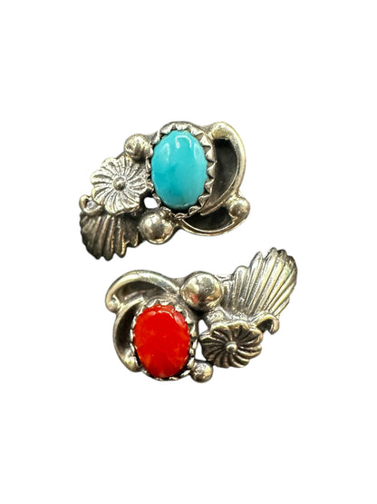 Small Leaf Cabochon Ring  – Sterling Silver and Genuine Turquoise and Genuine Coral -  Authentic Handmade Native American