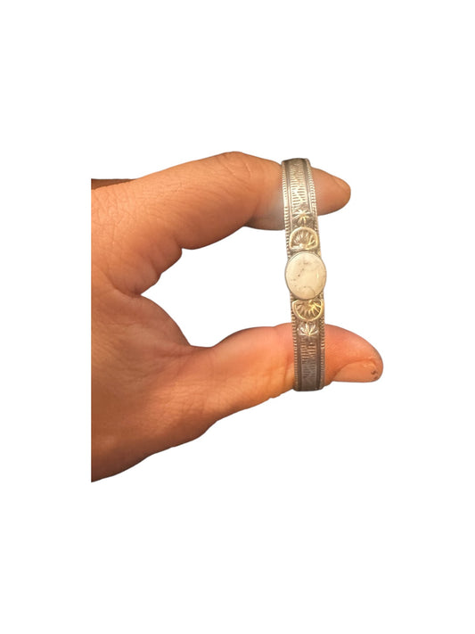 Slim Stacker Cuff Bracelet – Stamped Sterling Silver and White Buffalo -  Handmade Native American - Melvin Francis