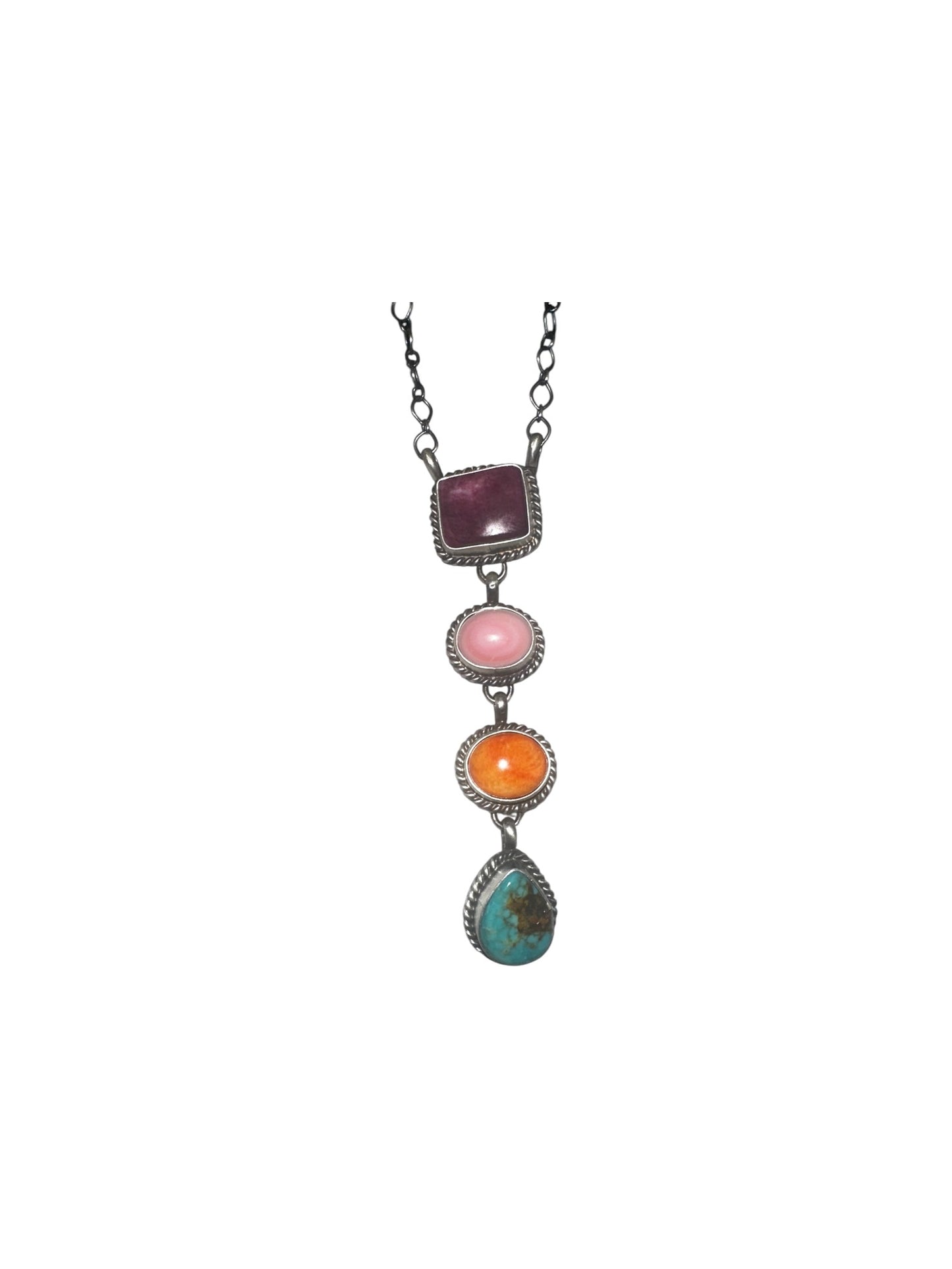 Medium Lariat Necklace – Sterling Silver, Turquoise, Spiny Oyster, Queen Pink Conch -  Authentic Native American Handmade – Letricia Largo