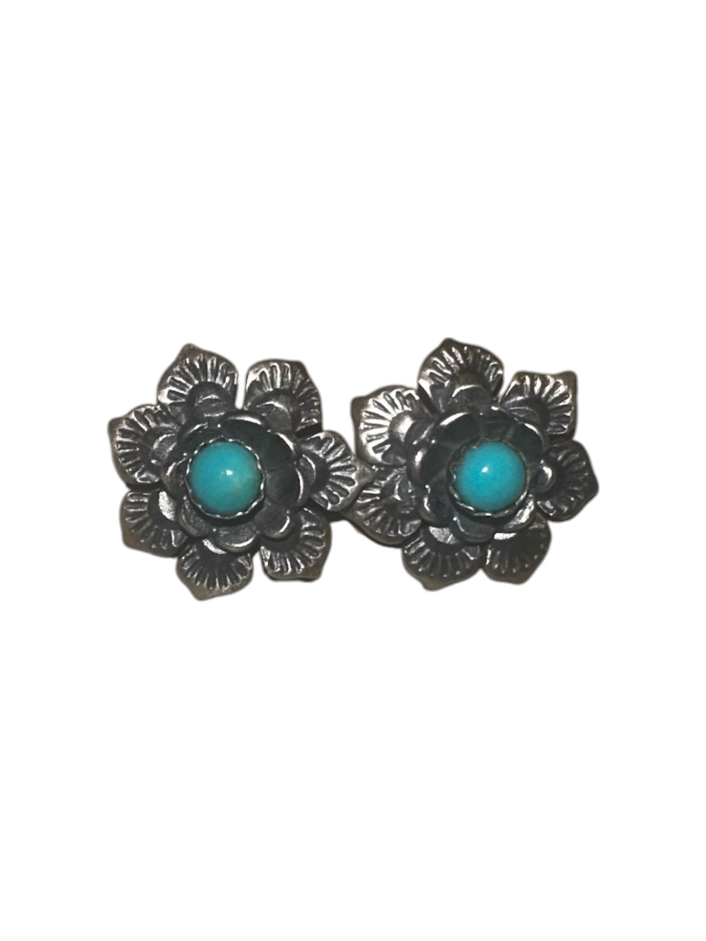 Small Turquoise Stud Earrings with Sterling Silver Floral Petals