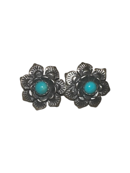 Small Turquoise Stud Earrings with Sterling Silver Floral Petals