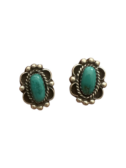 Medium Oval Cabochon Stud Earrings - Sterling Silver & Turquoise - Butterfly/Floral Design