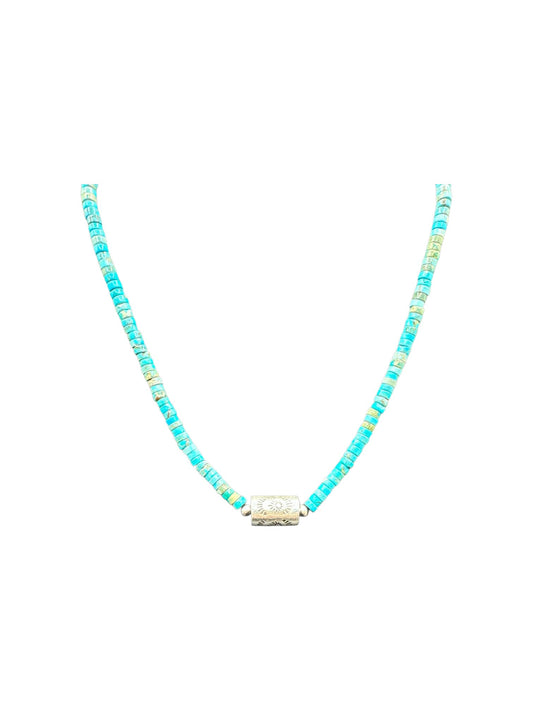 4MM Heishi Necklace – Genuine Turquoise with Sterling Silver Barrel Bead -  Handmade Native American