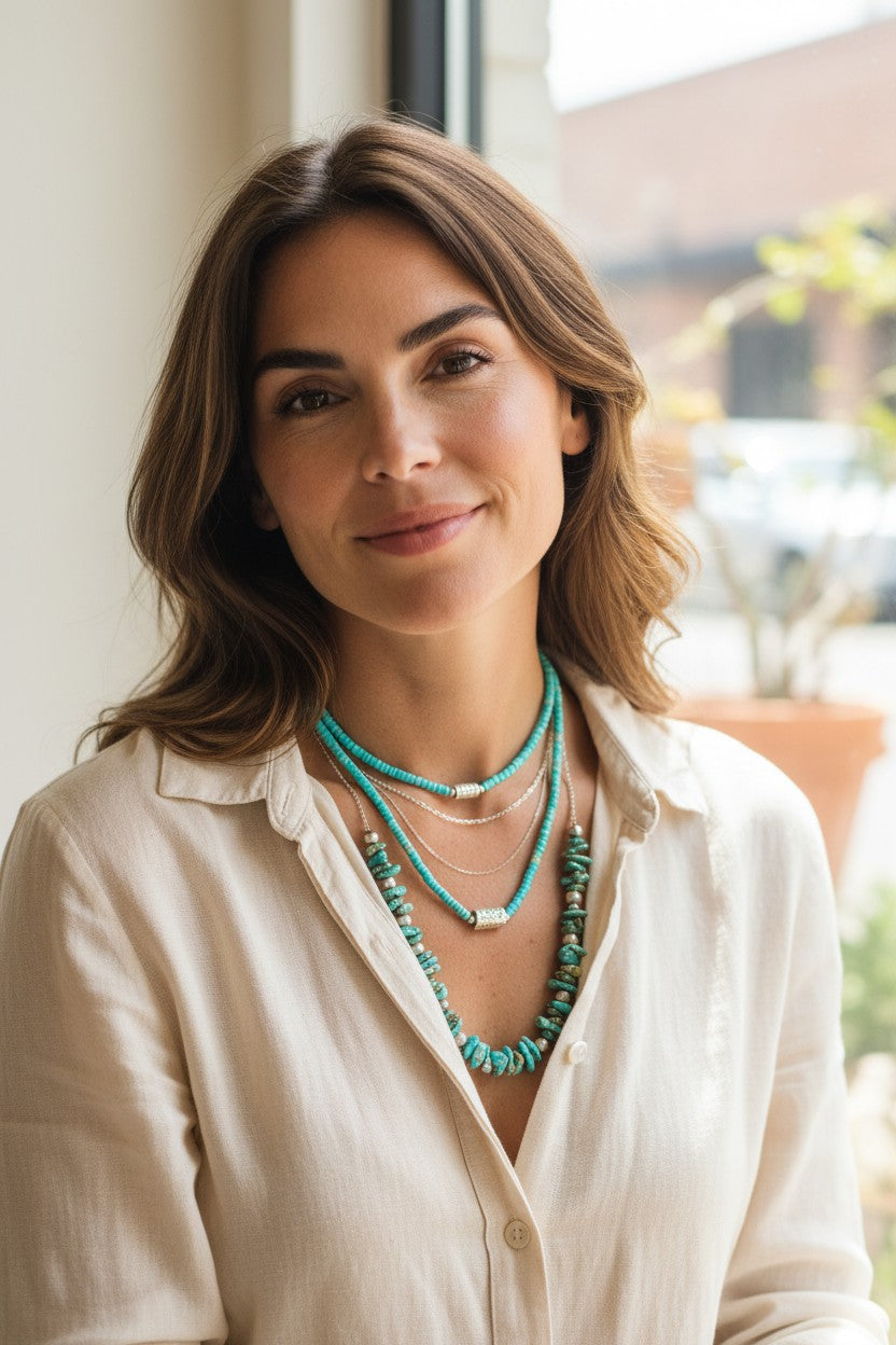 4MM Heishi Necklace – Genuine Turquoise with Sterling Silver Barrel Bead -  Handmade Native American