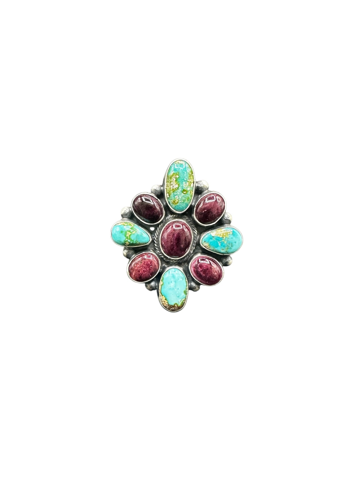 Medium Multi Stone Cluster Ring - Sterling Silver, Genuine Turquoise and Spiny Oyster – Handmade Native American – Sharon Francisco