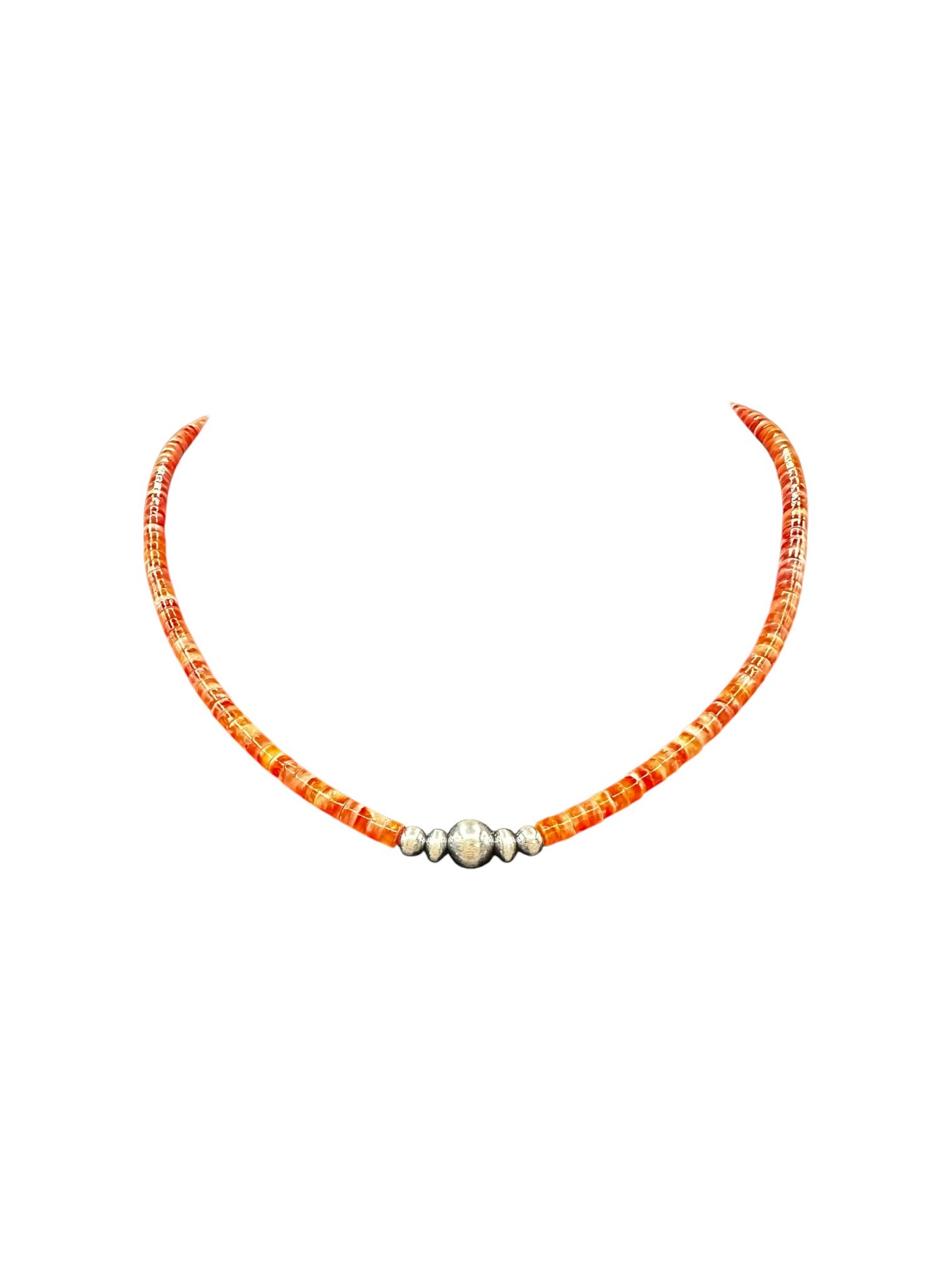 4MM Heishi Necklace – Genuine Red Spiny Oyster with Sterling Silver Pearl - Handmade Native American | Pueblo Craft | New Mexico, USA