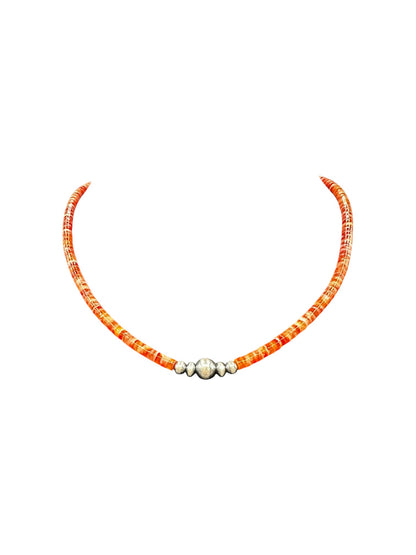 4MM Heishi Necklace – Genuine Red Spiny Oyster with Sterling Silver Pearl - Handmade Native American | Pueblo Craft | New Mexico, USA