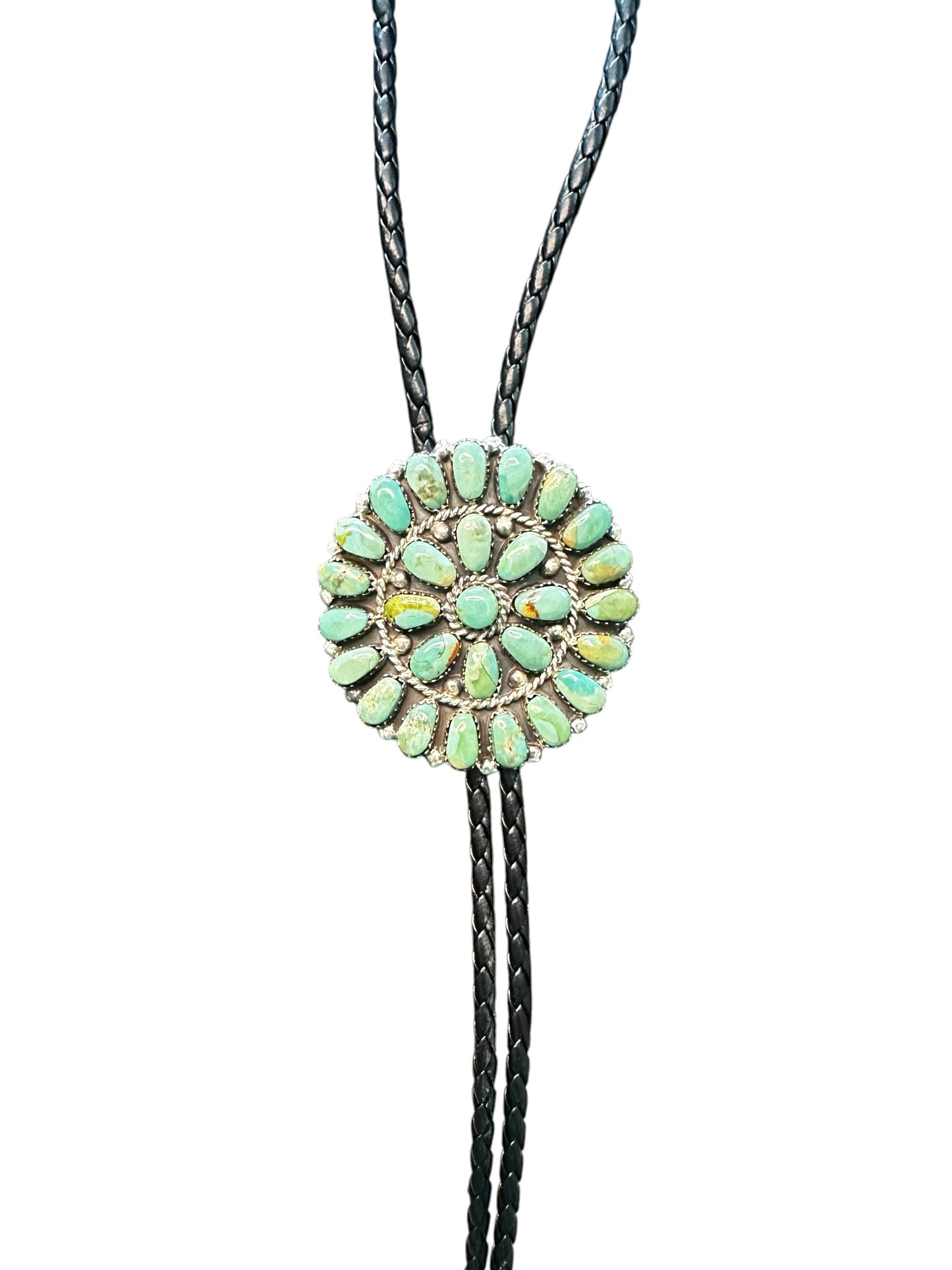 Justin Wilson – Large Zuni Inlay Bolo Tie – Sterling Silver, Turquoise, Leather -  Authentic Native American Handmade