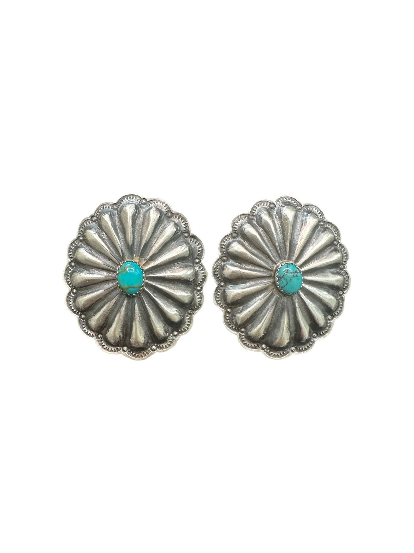 Large Concho Earrings - Sterling Silver and Genuine Kingman Turquoise - Handmade by Rita Lee