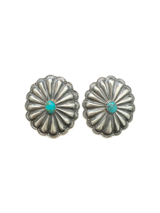 Large Concho Earrings - Sterling Silver and Genuine Kingman Turquoise - Handmade by Rita Lee