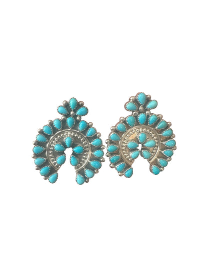 Large Vintage Traditional Zuni Naja Earrings - Sterling Silver and Kingman Turquoise - Handmade Native American - Eugenia Jean Ashley