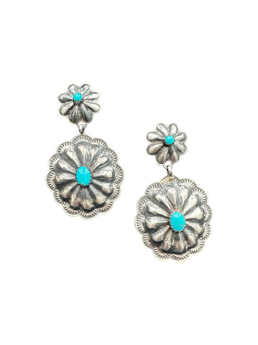 Medium Drop Concho Earrings - Sterling Silver and Kingman Turquoise - Handmade Native American - Rita Lee