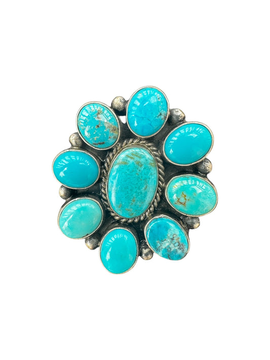 Large Multi Stone Cluster Ring  – Sterling Silver and Genuine Turquoise -  Authentic Handmade Native American – Begay