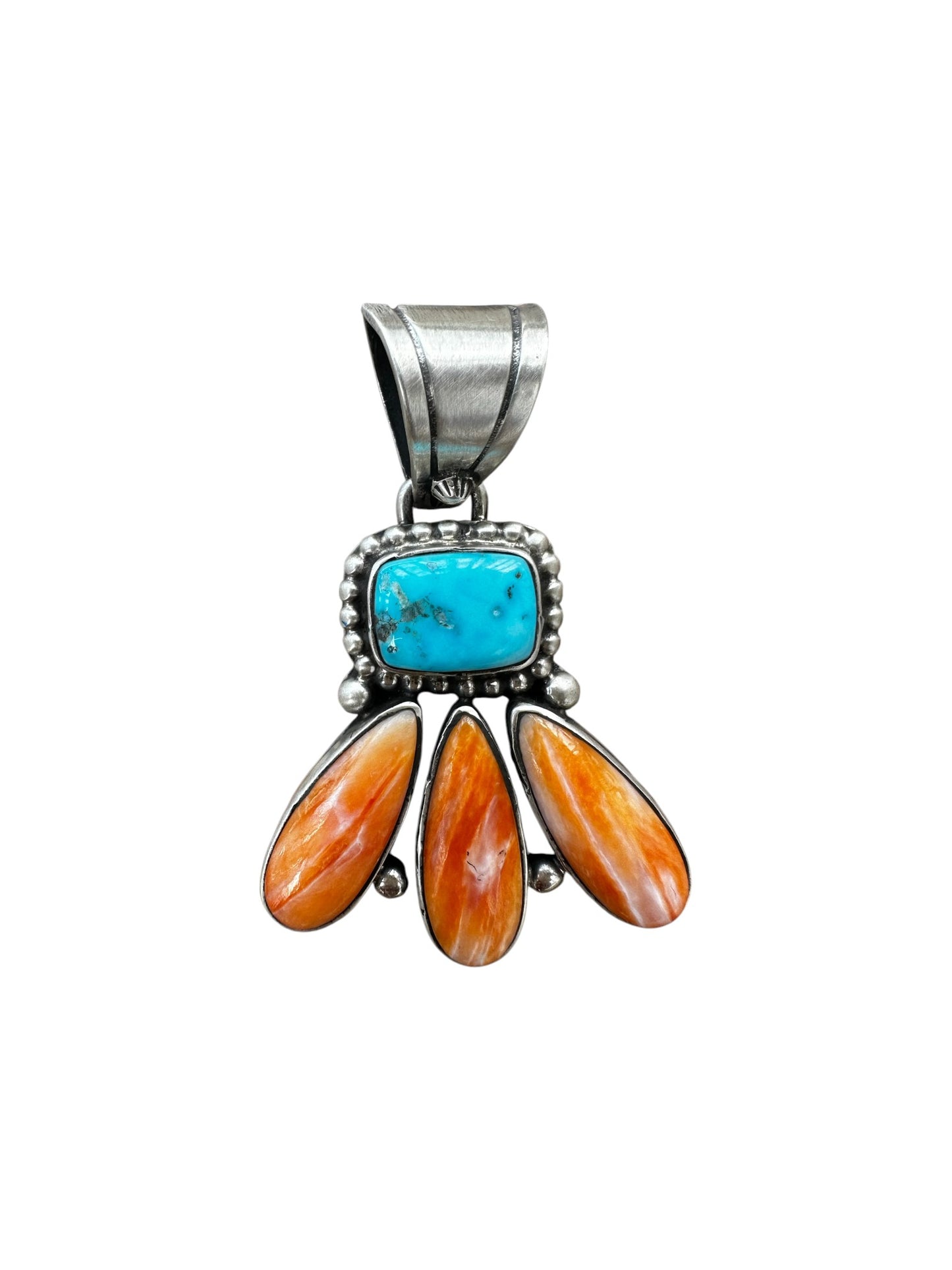 Medium Pendant - Kingman Turquoise and Orange Spiny Oyster - Handmade Native American - R. Livingston