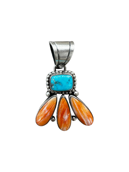Medium Pendant - Kingman Turquoise and Orange Spiny Oyster - Handmade Native American - R. Livingston
