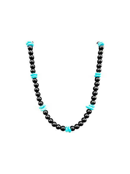 6MM Black Onyx Pearl Necklace with Genuine Turquoise Nuggets -  Hand Strung Artisan Collection