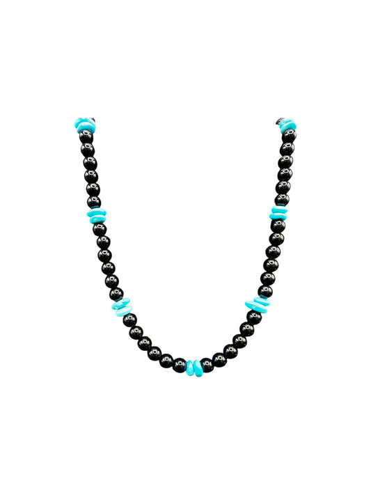 6MM Black Onyx Pearl Necklace with Genuine Turquoise Nuggets -  Hand Strung Artisan Collection