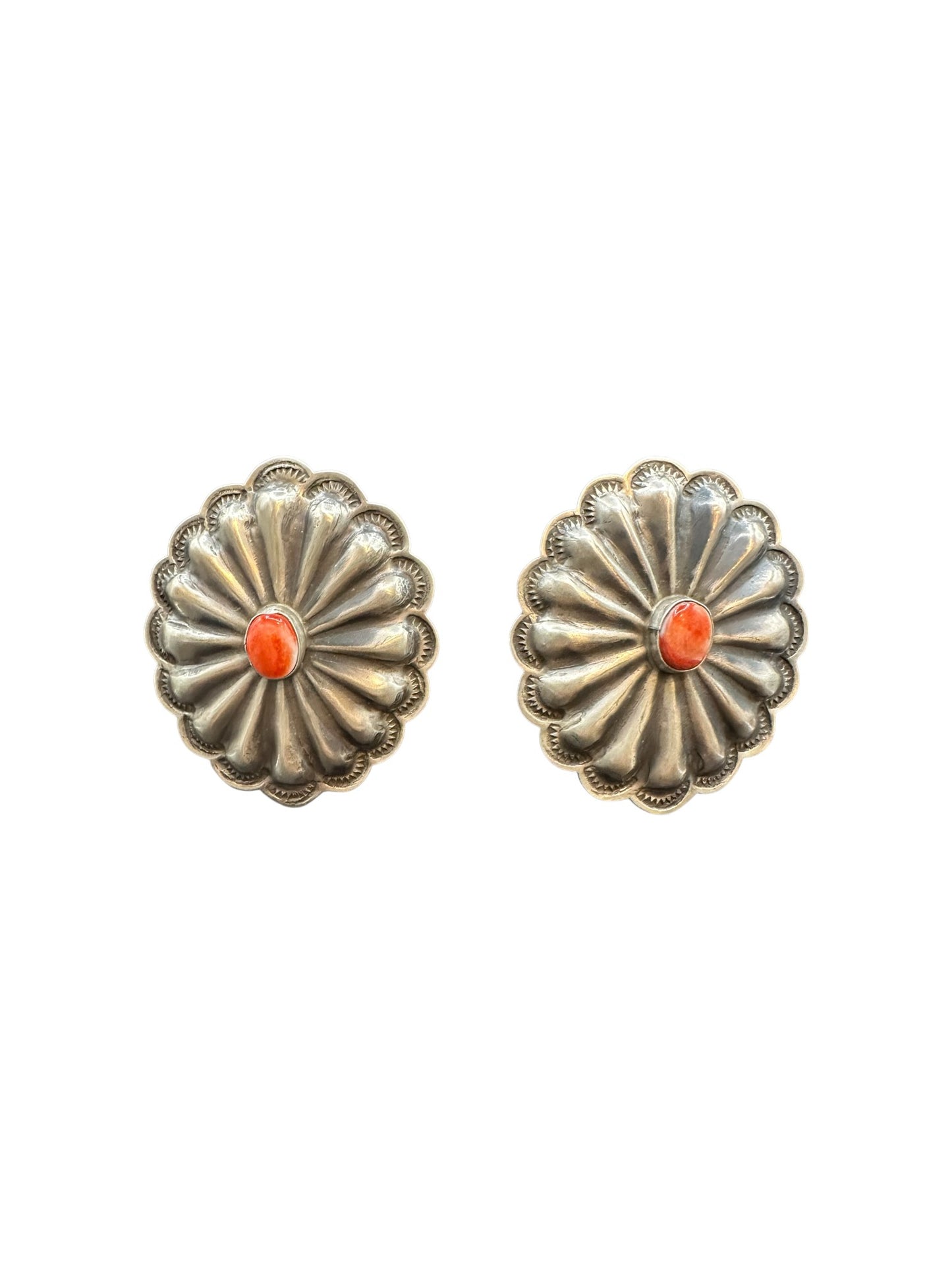 Large Concho Earrings - Sterling Silver and Genuine Spiny Oyster - Handmade by Jessie Claw