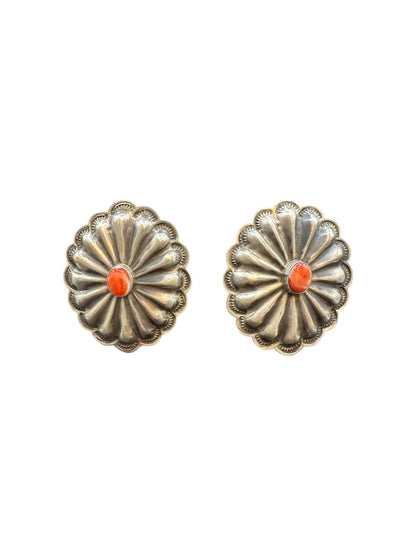 Large Concho Earrings - Sterling Silver and Genuine Spiny Oyster - Handmade by Jessie Claw