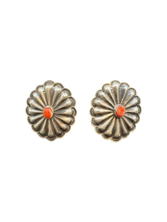 Large Concho Earrings - Sterling Silver and Genuine Spiny Oyster - Handmade by Jessie Claw