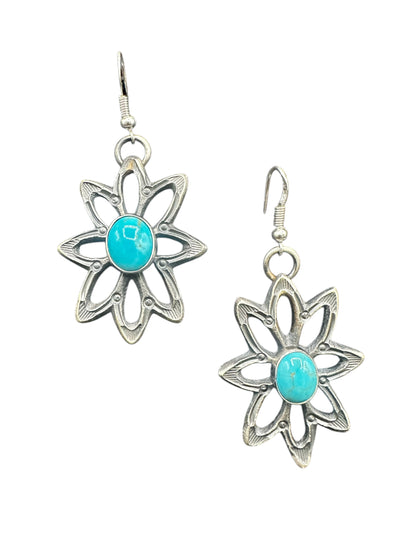 Medium Star Floral Hook Dangle Earrings – Sterling Silver and Genuine Turquoise -  Authentic Native American Handmade – Kevin Billah - Made in USA